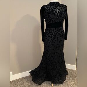 Mac Duggal Velvet Floral appliqué Modest Mermaid Gown